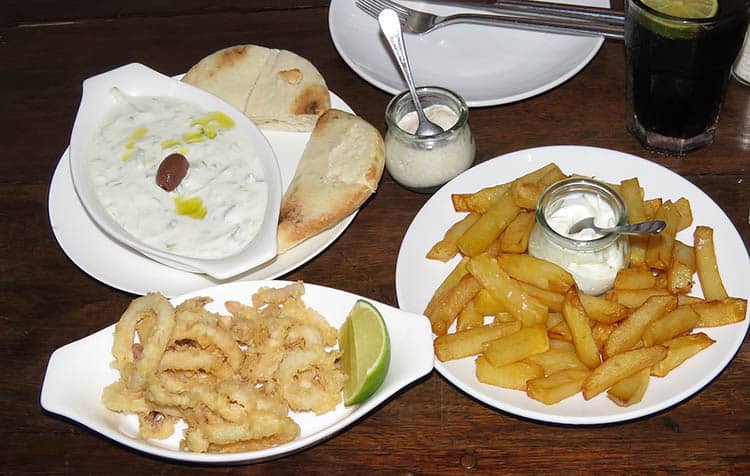 Calamari, with chips and tzatziki