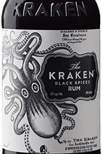 The label of a bottle of Kraken Black Rum